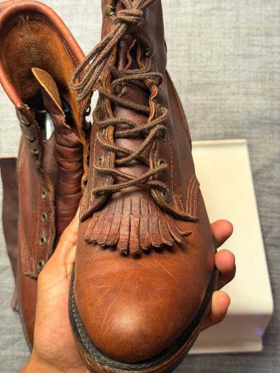 Santa Fe Boot Co. Vintage Brown Leather Kiltie Lace Up Work Boots with Vibram So main image 10